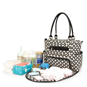 Detail of 7-piece diaper bag set with geometric patterns and matching changing pad