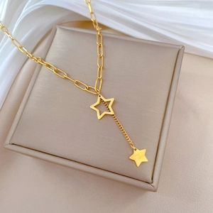 Titanium steel gold necklace with double star pendants on paperclip chain gift box