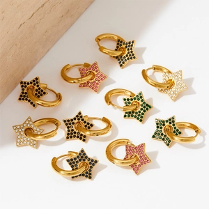Chic star hoop earrings in gold finish featuring vibrant multicolored zircon stones