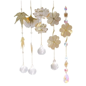 Golden suncatcher crystal prisms with maple leaf and lotus metal pendants for window decor