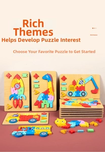 Detail of wooden 3D puzzles for kids featuring colorful animals, vehicles and numbers