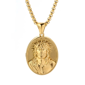 Polished gold stainless steel necklace featuring a vintage oval Jesus relief pendant