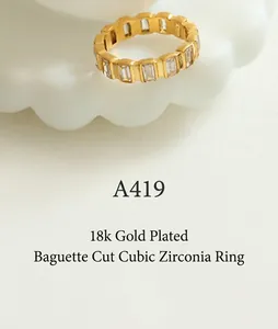 Detail showing a gold-plated rectangular-cut zircon ring on a white ceramic plate