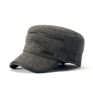 Men's winter grey herringbone cadet cap with ear protection and warm thickened fabric