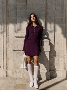 Elegant deep purple knit polo mini dress with long sleeves and contrast trim accents