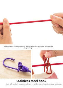 Detail of retractable elastic clothesline with anti-slip hooks and 12 metal clips
