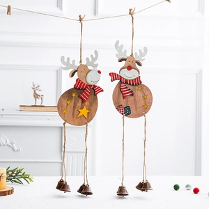 Christmas Hanging Ornaments Wooden Reindeer Santa Snowman With Metal Bells Red Scarf Xmas Tree Decoration Nordic Style