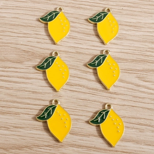 Set of 6 yellow lemon enamel charms with green leaf and gold plating for DIY jewelry