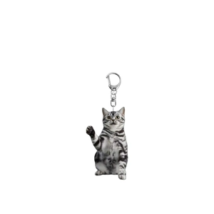 Detailed close-up of a 2D acrylic blue cat keychain with a silver lobster clasp