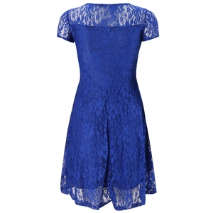 Detail view of the back of the blue floral lace short sleeve A-line dress with mesh texture