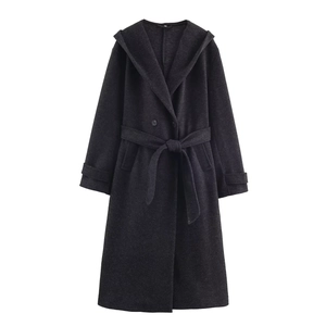 Chic dark grey hooded wool blend coat with double-breasted buttons and waist belt