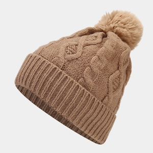 Autumn winter camel cable knit beanie hat with faux fur pom pom and ribbed cuff
