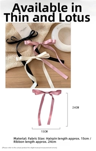 Detail of silk bow hair clip showing measurements: 15cm clip length and 24cm ribbon length