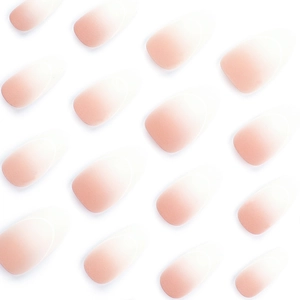 Short almond press-on nails with pink-white ombre gradient and thin French tip design