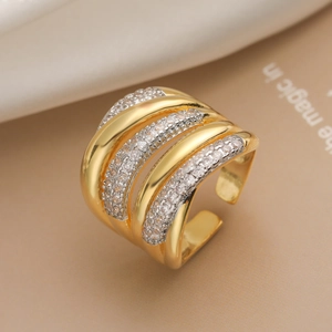 Gold Plated Copper Wide Band Zirconia Geometric Open Ring For Women Luxurious Stackable Multi Layer Adjustable Finger Ring Jewelry