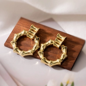 Polished 18K gold plated bamboo-shaped earrings for women in retro minimalist style