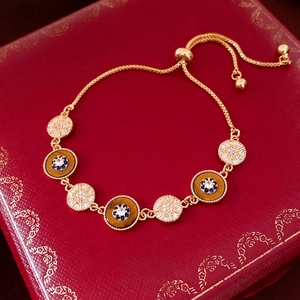 Bracelet vintage plaqué or 18K œil de tigre réglable avec pierres de zircon brillants