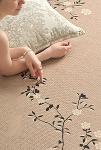 Detail of floral rug surface showing heat resistance and underfloor heating compatibility
