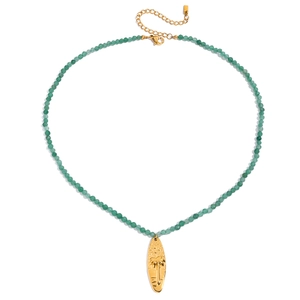 Green gemstone beaded necklace with golden surfboard coconut tree pendant for beach style