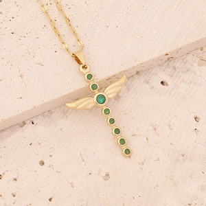 Gold stainless steel necklace with winged cross pendant and green cubic zirconia gems