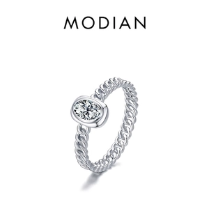 S925 sterling silver chain link ring with a sparkling oval cubic zirconia solitaire