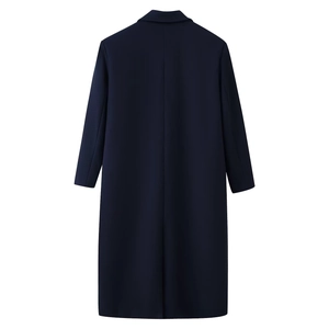 Rear view of long wool blend double-breasted coat featuring center seam and back slit detail