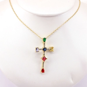 Cross pendant necklace with colorful zircons and pavé diamonds on gold chain