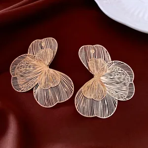 Hollow Flower Petal Stud Earrings With Silver Earring Post Big Oversized Statement Golden Metal Elegant Fashion Jewelry