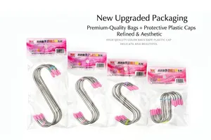Detailed set of stainless steel S-hooks in four sizes with pink protective safety tips