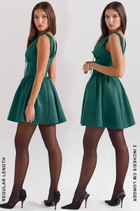 Comparison showing regular and 5cm longer length of dark green satin mini dress with V-neck