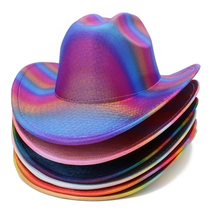 Stacked colorful cowboy hats with metallic iridescent finish for party and festival decor