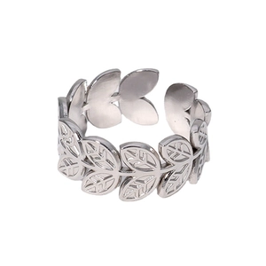 Adjustable silver titanium steel ring featuring an open-end olive leaf design for women