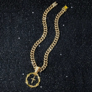 Iced out gold Cuban link chain with sparkling rhinestone cross crown pendant for men