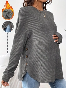 Dark grey long sleeve maternity knit sweater with side buttons and warm fleece lining