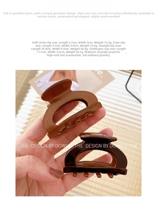 Detailed size chart for acetate hair claws showing length, width and weight specs