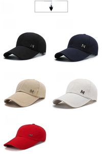 Selection of canvas baseball caps with M logo in black navy khaki beige and red