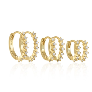 Detailed macro view of S925 sterling silver gold plated hoop earrings in three sizes