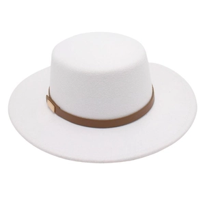 Detail of white wool felt boater hat featuring a brown leather strap and gold buckle