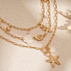 3-layer gold beach necklace set with starfish, seashell pendants and faux pearls