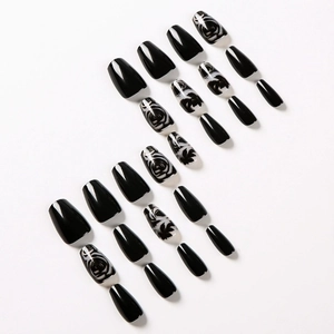 24pcs black rose coffin press-on nails with glossy finish and floral prints on white base