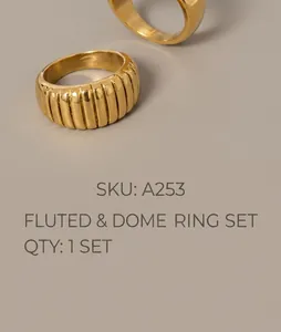 Detailed view of a gold ribbed dome ring on an aesthetic lifestyle magazine backdrop