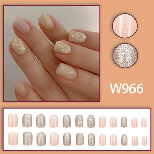 Pink glitter press-on nails set with 24 pieces in short square oval shape for women