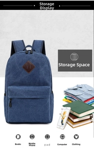 Deep blue canvas backpack with large capacity storage for laptop, books and essentials