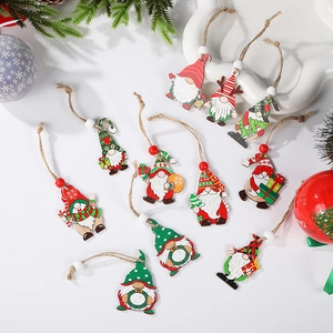 Set of 12 hand-painted wooden Christmas gnome ornaments with hanging ropes and beads