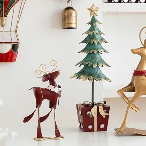 Vintage metal Christmas decor set with red reindeer and tree on gift box base