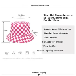 Pink and white checkered bucket hat dimensions showing brim size and head circumference