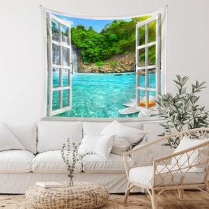 Detail of wall tapestry featuring a realistic waterfall forest window landscape decor