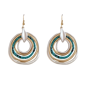 Ethnic style multi-layer round drop earrings with silver, gold and turquoise resin hoops