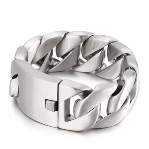 Men's titanium steel heavy Cuban chain bracelet with matte silver industrial finish