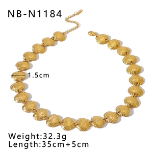 Detailed view of 18K gold plated shell necklace with dimensions and lobster clasp